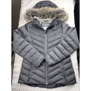 Eddie Bauer Goose Down Faux Fur Hood Hooded Gray Puffer Coat Jacket Women Small